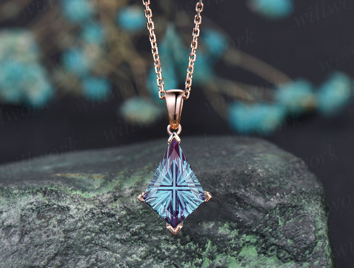 Fantasy Cut Alexandrite Necklace Minimalist Kite Shape Solitaire Color Change Gemstone Pendant June Birthstone Necklace Gift
