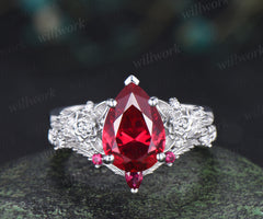 Vintage pear ruby succulent inspired engagement ring set moissanites leaf wedding ring unique bridal set