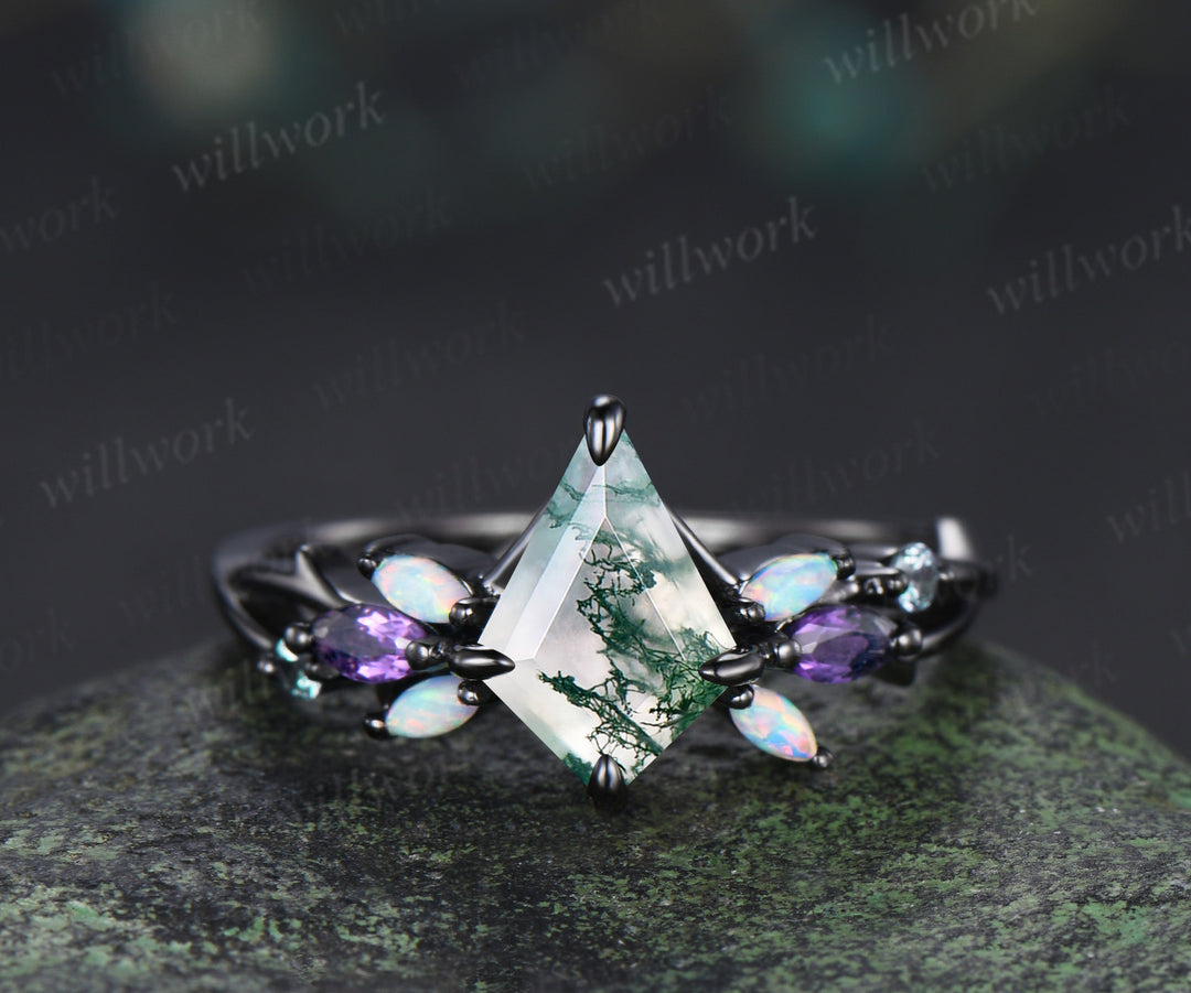 7x10mm kite cut moss agate engagement ring set gothic twig opal amethyst alexandrite cluster ring branch wedding band unique bridal set