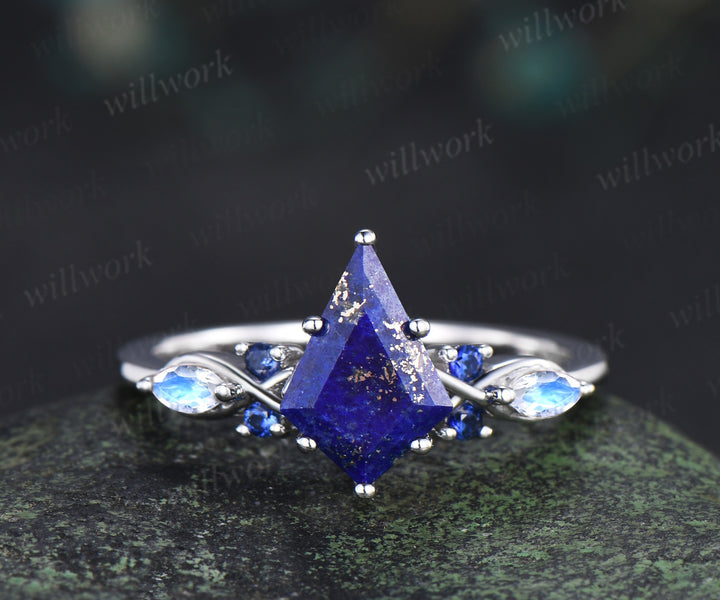 Vintage kite cut lapis lazuli engagement ring unique twisted marquise cut moonstone sapphire ring for women