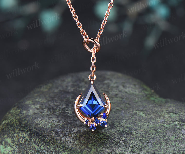 Kite Cut Blue Sapphire Moon Pendant Necklace Sapphire Cluster Celestial Lariat Necklace Gifts for Her