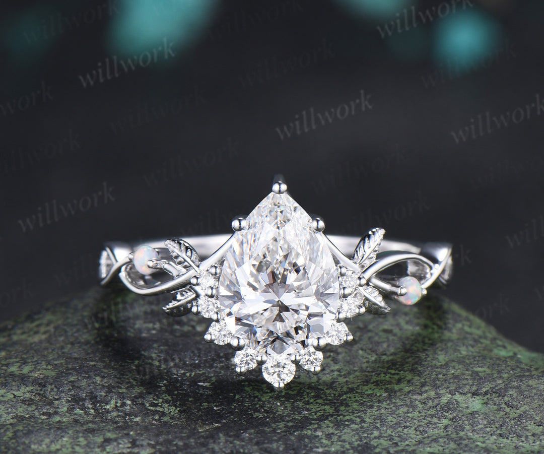 Pear Cut Lab Grown Diamond Ring Set Infinity Leaf Bridal Ring Opal Amethyst Wedding Band Nature Inspired Se