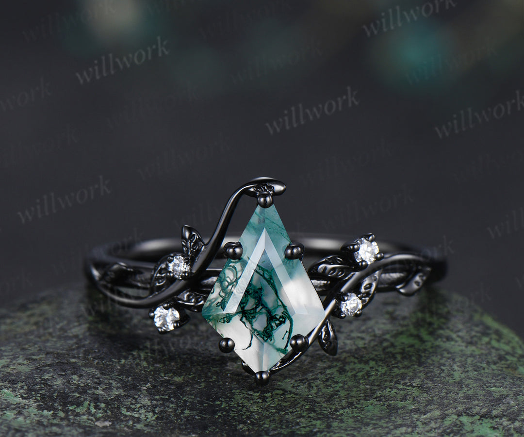 Black gold kite cut moss agate leaf engagement ring set twig marquise moss agate enhancer wraps nature inspired bridal set gifts for her