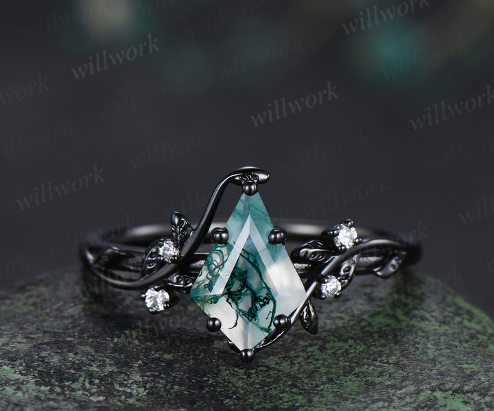 Black gold kite cut moss agate leaf engagement ring set twig marquise moss agate enhancer wraps nature inspired bridal set gifts for her