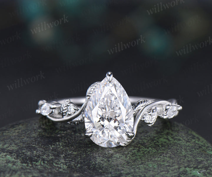7x10mm pear cut IGI lab grown diamond engagement ring set nature inspired leaves vines ring rose gold bridal set
