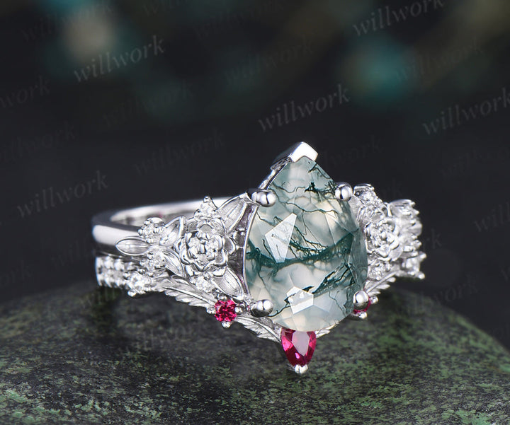 Succulent inspired pear moss agate engagement ring set moissanites rubies leaf wedding ring bridal set