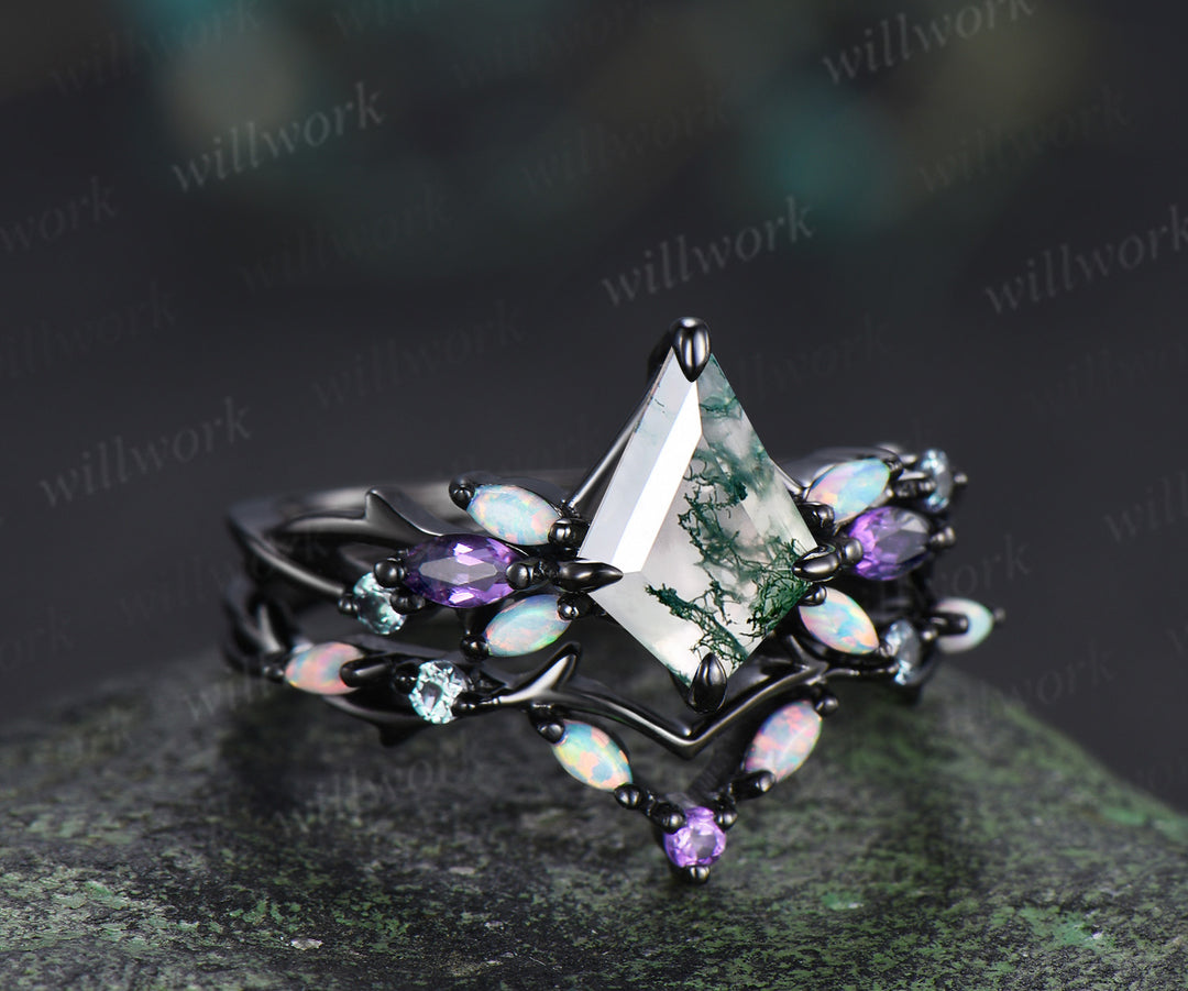 7x10mm kite cut moss agate engagement ring set gothic twig opal amethyst alexandrite cluster ring branch wedding band unique bridal set