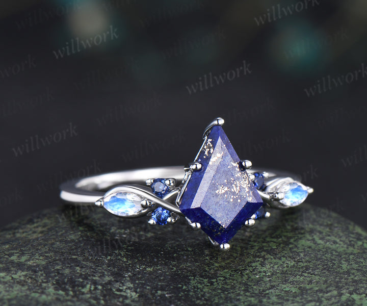 Vintage kite cut lapis lazuli engagement ring unique twisted marquise cut moonstone sapphire ring for women
