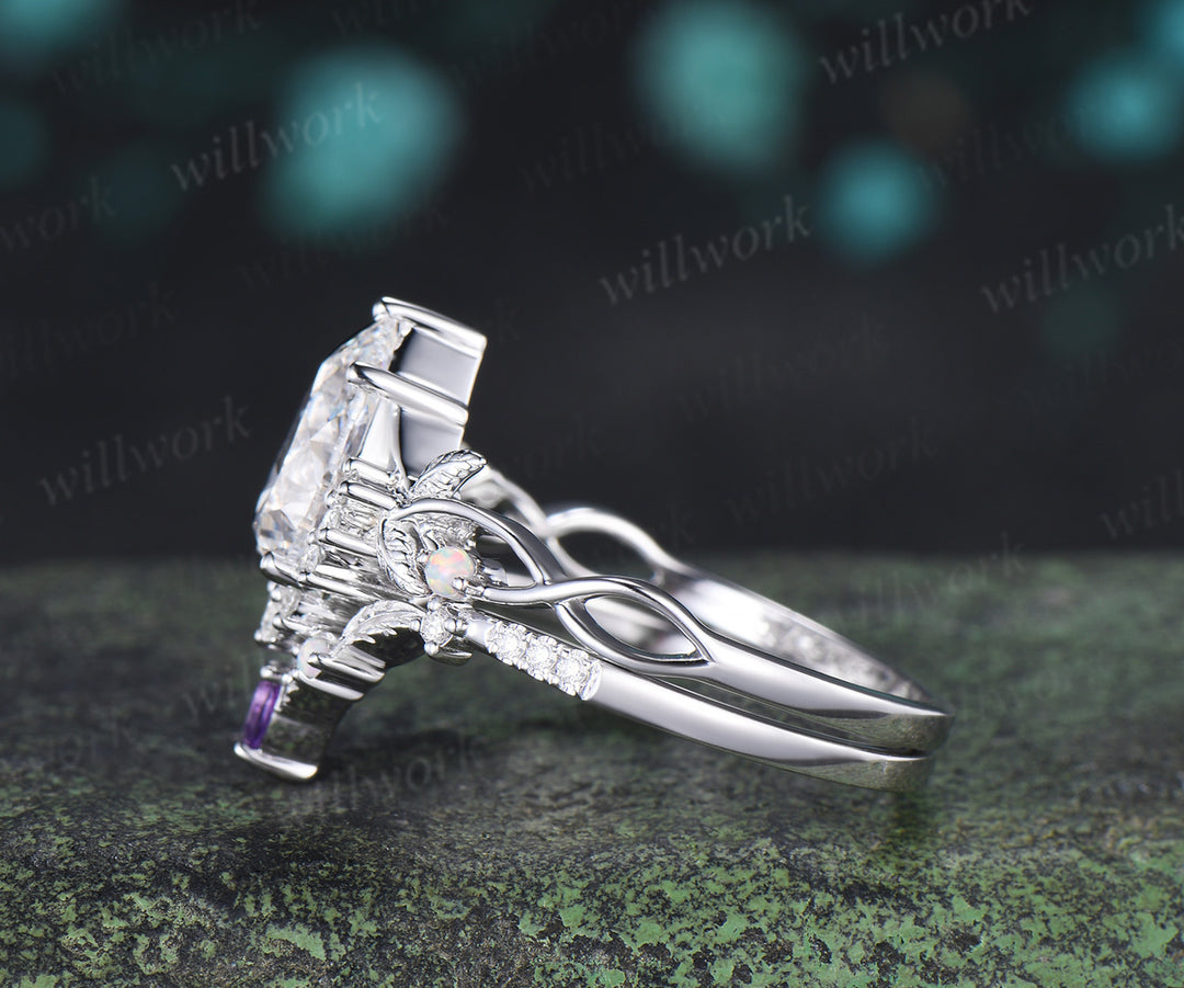 Pear Cut Lab Grown Diamond Ring Set Infinity Leaf Bridal Ring Opal Amethyst Wedding Band Nature Inspired Se