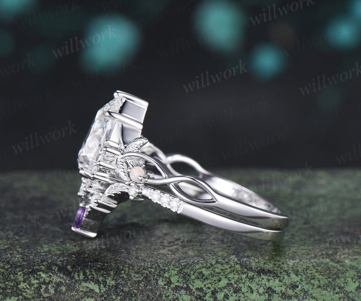 Pear Cut Lab Grown Diamond Ring Set Infinity Leaf Bridal Ring Opal Amethyst Wedding Band Nature Inspired Se