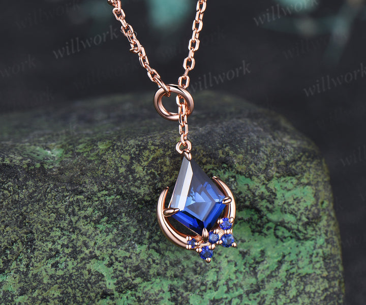 Kite Cut Blue Sapphire Moon Pendant Necklace Sapphire Cluster Celestial Lariat Necklace Gifts for Her