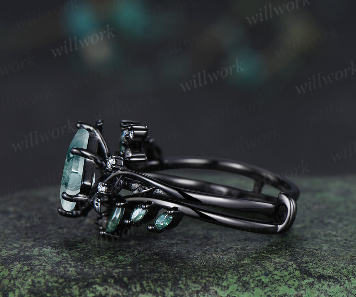 Black gold kite cut moss agate leaf engagement ring set twig marquise moss agate enhancer wraps nature inspired bridal set gifts for her