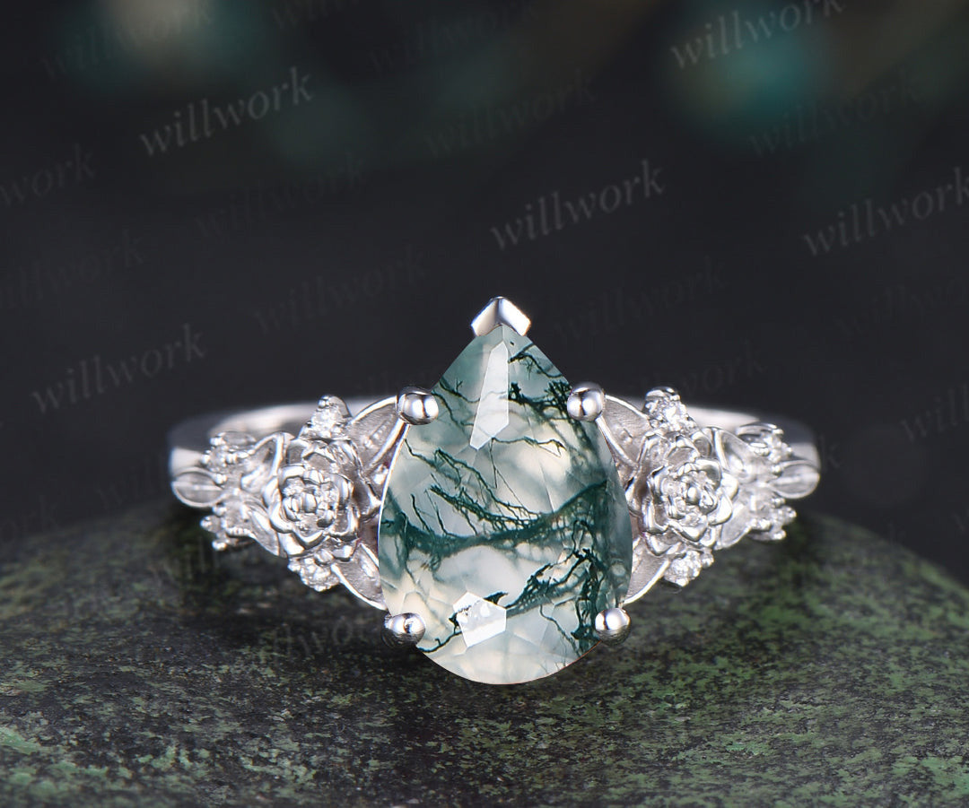 Succulent inspired pear moss agate engagement ring set moissanites rubies leaf wedding ring bridal set