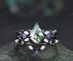 7x10mm kite cut moss agate engagement ring set gothic twig opal amethyst alexandrite cluster ring branch wedding band unique bridal set