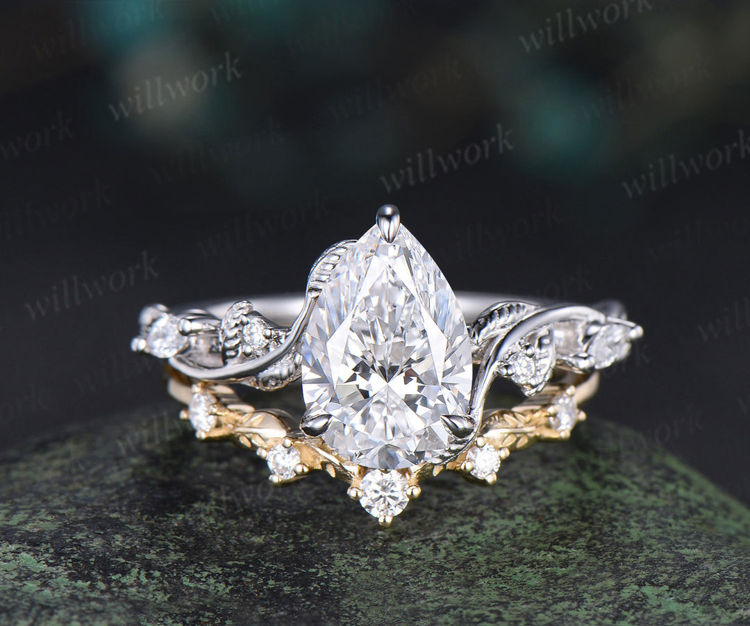 7x10mm pear cut IGI lab grown diamond engagement ring set nature inspired leaves vines ring rose gold bridal set