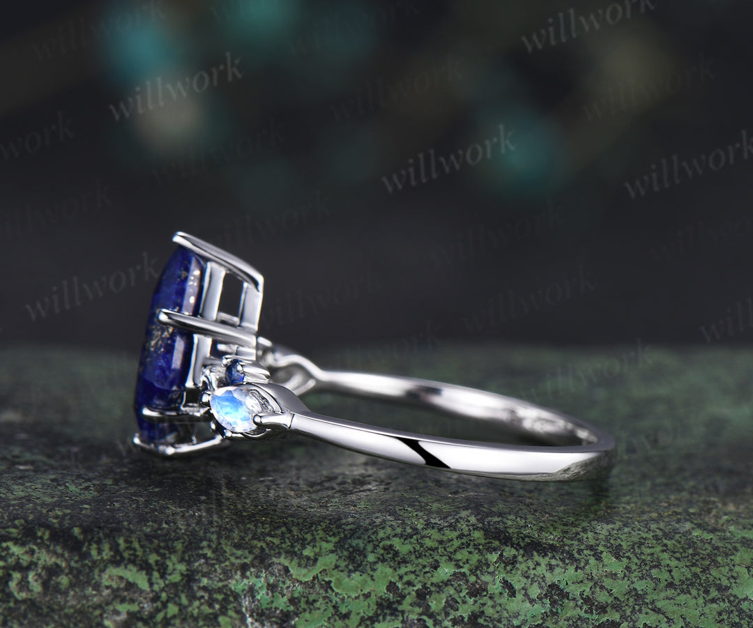 Vintage kite cut lapis lazuli engagement ring unique twisted marquise cut moonstone sapphire ring for women