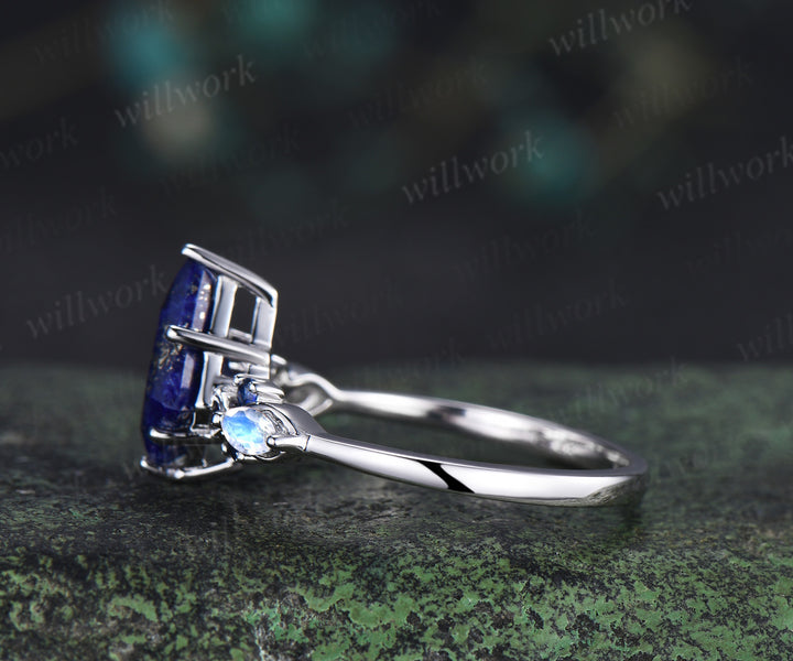 Vintage kite cut lapis lazuli engagement ring unique twisted marquise cut moonstone sapphire ring for women
