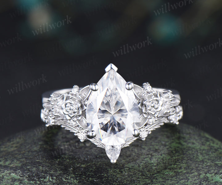Succulent inspired pear moissanite ngagement ring set moissanites diamonds leaf wedding ring bridal set gifts for women