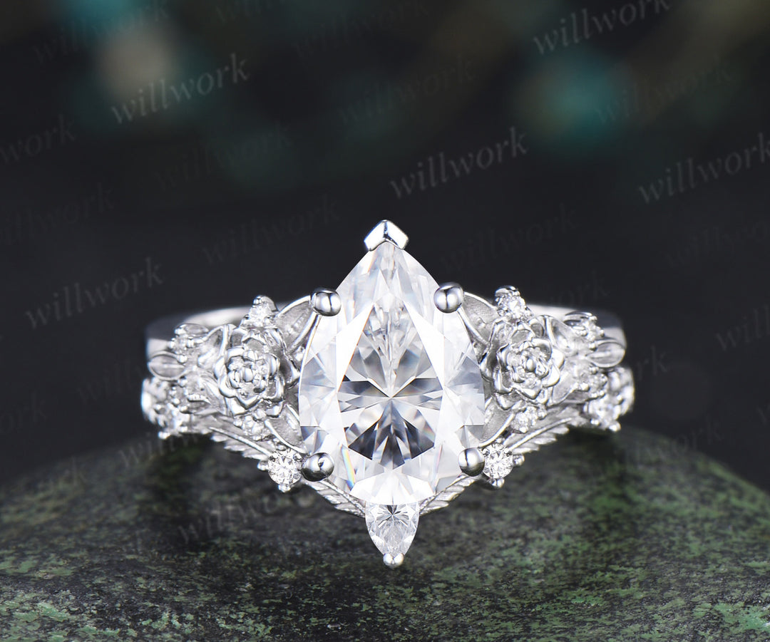 Succulent inspired pear moissanite ngagement ring set moissanites diamonds leaf wedding ring bridal set gifts for women