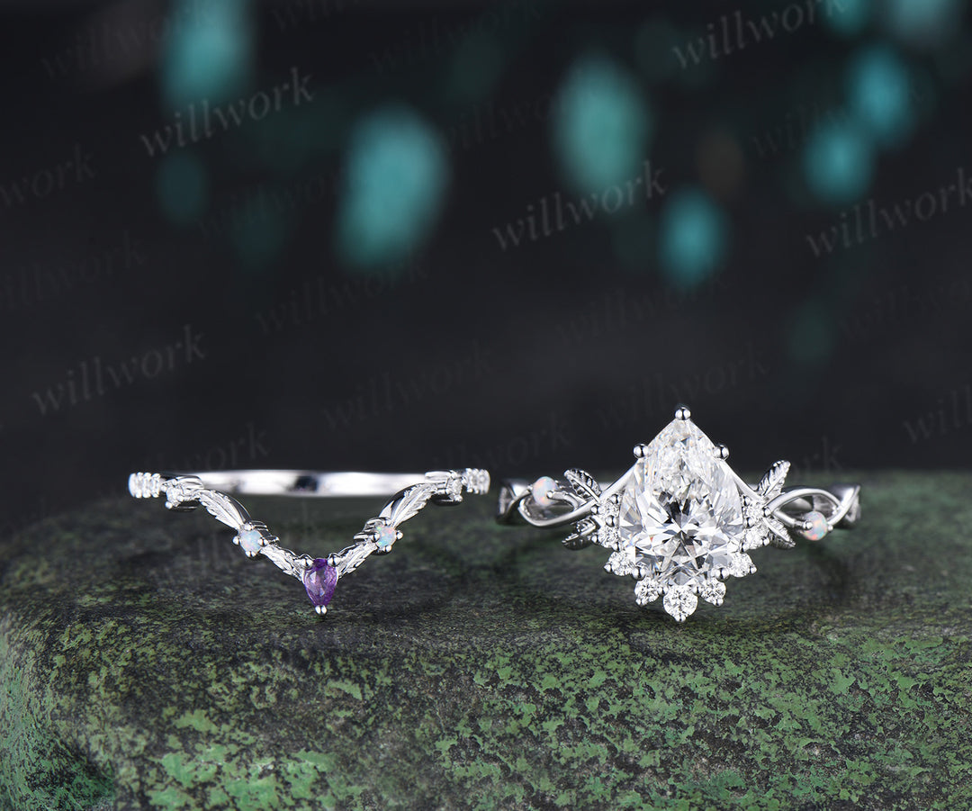 Pear Cut Lab Grown Diamond Ring Set Infinity Leaf Bridal Ring Opal Amethyst Wedding Band Nature Inspired Se
