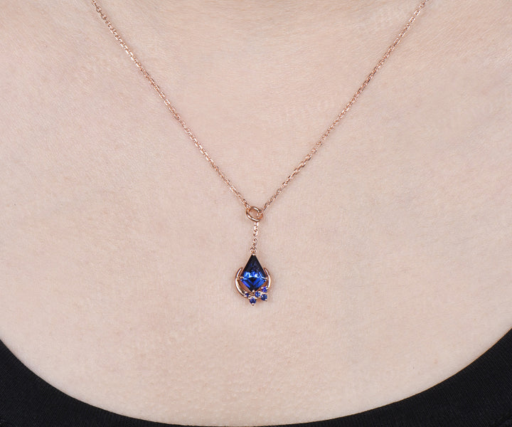 Kite Cut Blue Sapphire Moon Pendant Necklace Sapphire Cluster Celestial Lariat Necklace Gifts for Her