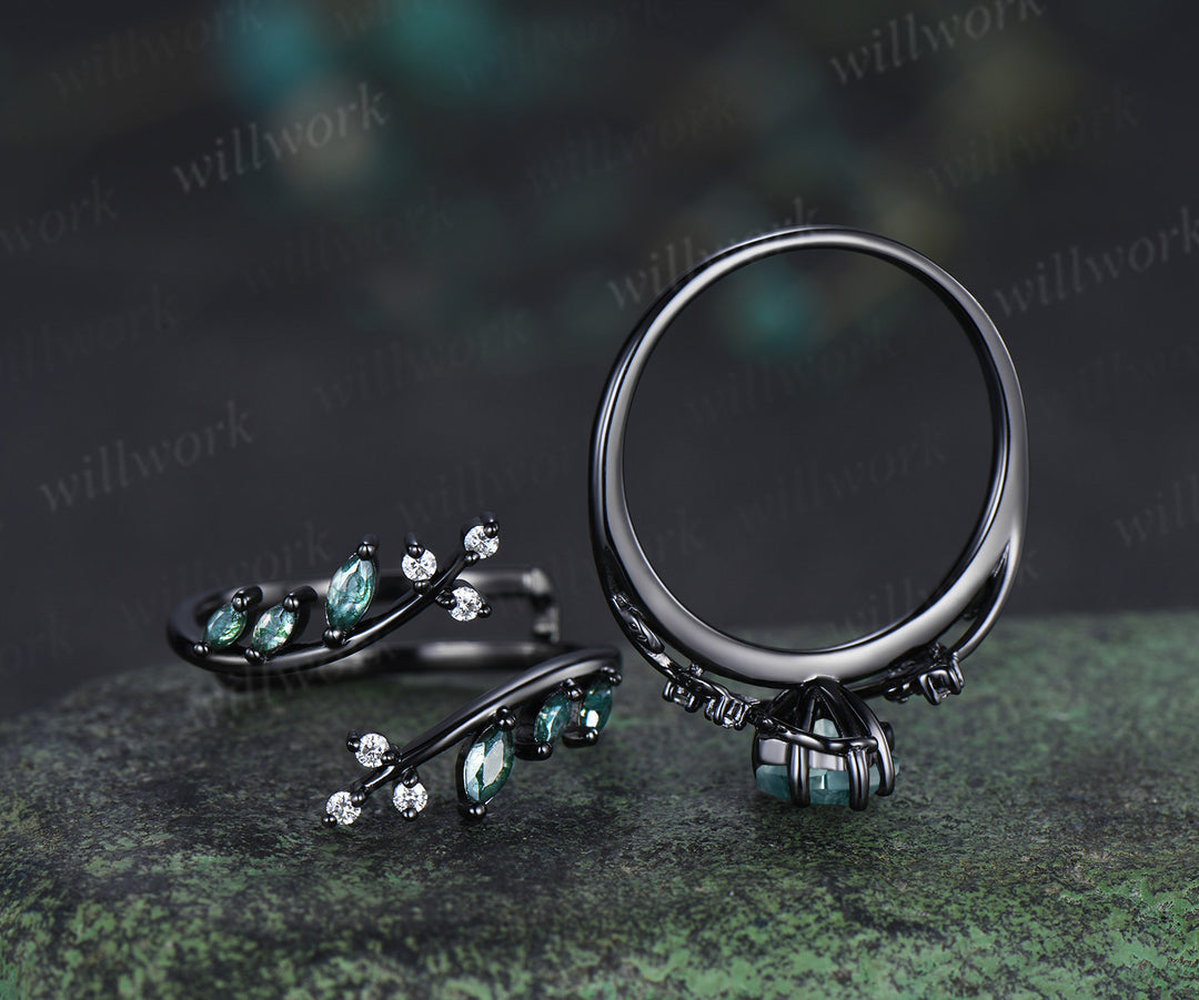 Black gold kite cut moss agate leaf engagement ring set twig marquise moss agate enhancer wraps nature inspired bridal set gifts for her