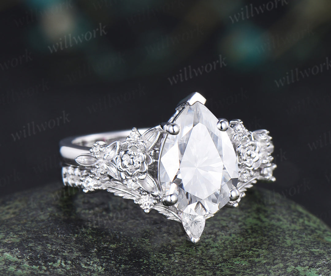 Succulent inspired pear moissanite ngagement ring set moissanites diamonds leaf wedding ring bridal set gifts for women