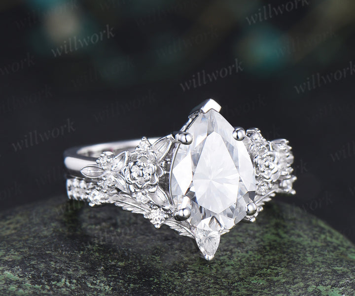 Succulent inspired pear moissanite ngagement ring set moissanites diamonds leaf wedding ring bridal set gifts for women