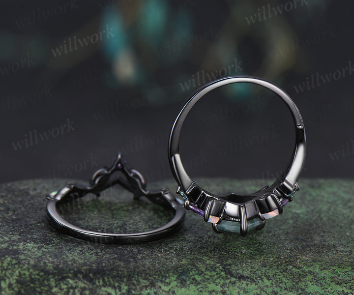 7x10mm kite cut moss agate engagement ring set gothic twig opal amethyst alexandrite cluster ring branch wedding band unique bridal set