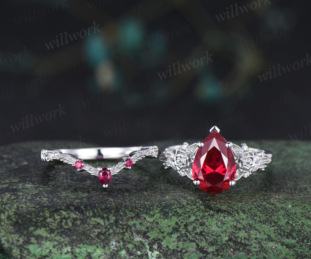 Vintage pear ruby succulent inspired engagement ring set moissanites leaf wedding ring unique bridal set