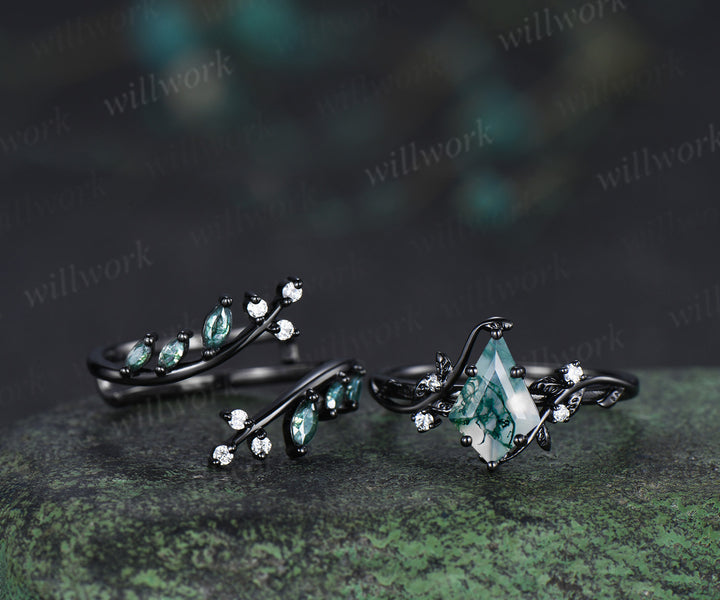 Black gold kite cut moss agate leaf engagement ring set twig marquise moss agate enhancer wraps nature inspired bridal set gifts for her