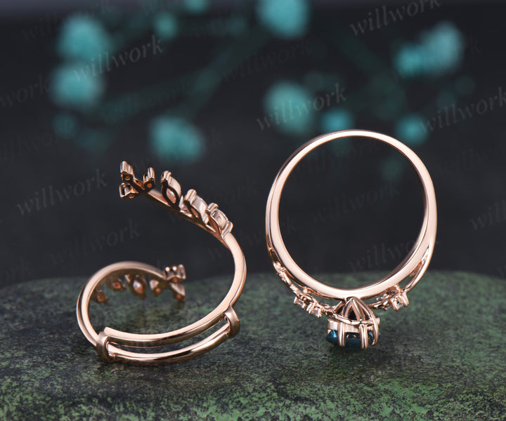 Kite Cut London Blue Topaz Ring Set Leaf Vine Engagement Ring Marquise Diamond Enhancer Nature Inspired Bridal Set