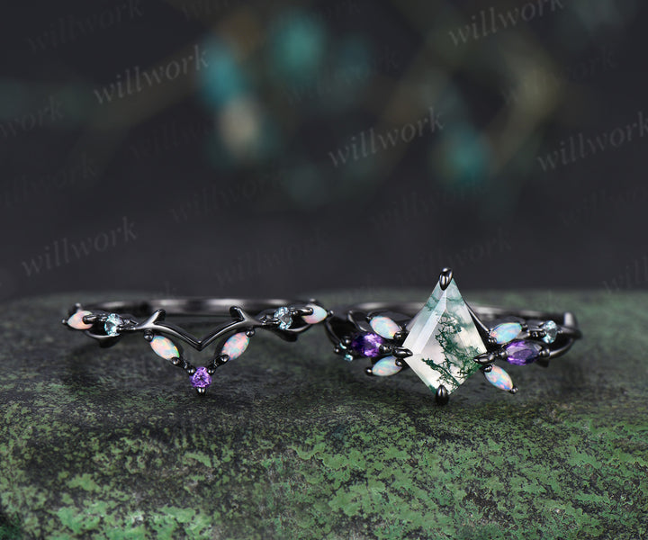 7x10mm kite cut moss agate engagement ring set gothic twig opal amethyst alexandrite cluster ring branch wedding band unique bridal set