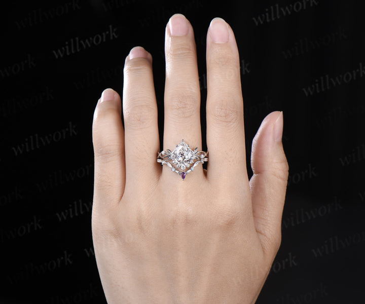 Pear Cut Lab Grown Diamond Ring Set Infinity Leaf Bridal Ring Opal Amethyst Wedding Band Nature Inspired Se