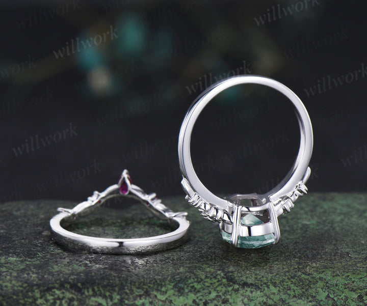 Succulent inspired pear moss agate engagement ring set moissanites rubies leaf wedding ring bridal set