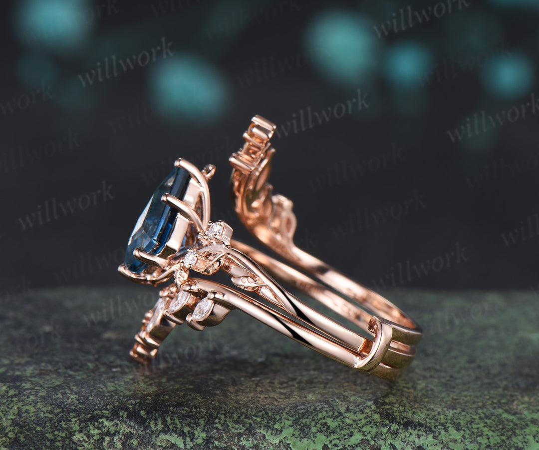 Kite Cut London Blue Topaz Ring Set Leaf Vine Engagement Ring Marquise Diamond Enhancer Nature Inspired Bridal Set
