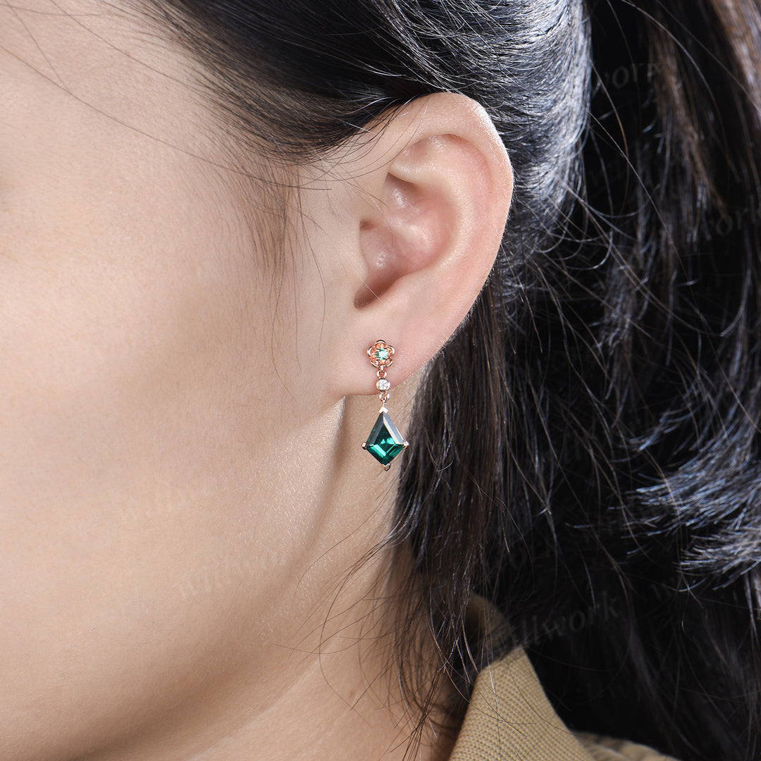 Kite cut emerald floral drop earrings elegant three stone dangle earrings for women