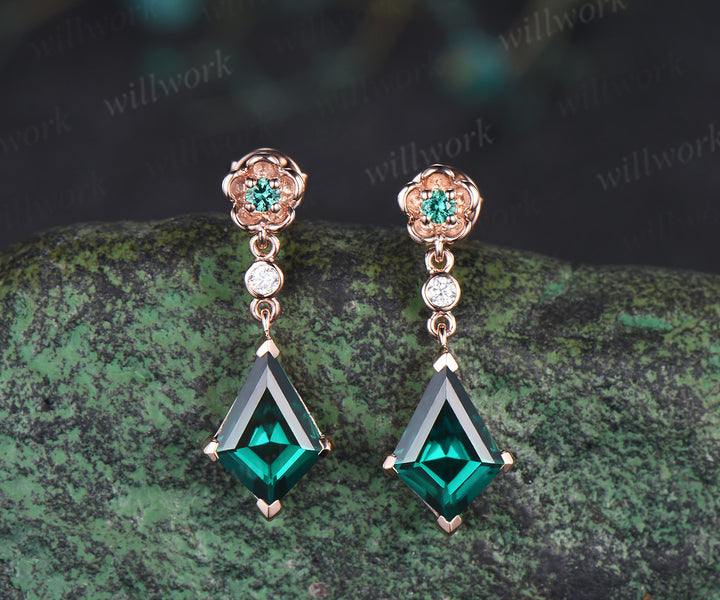 Kite cut emerald floral drop earrings elegant three stone dangle earrings for women
