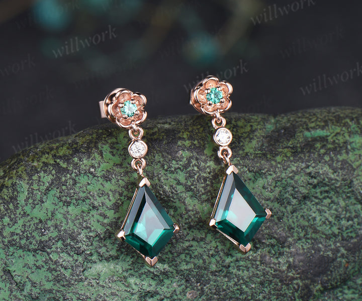 Kite cut emerald floral drop earrings elegant three stone dangle earrings for women