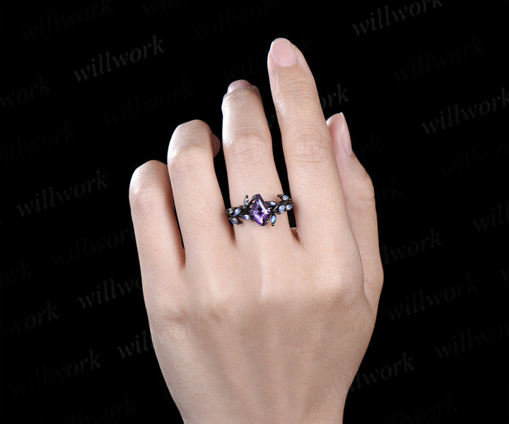 Kite cut amethyst engagement ring unqiue black gold moonstone cluster leaf twig bridal ring anniversary promise ring gifts for her