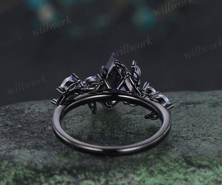 Kite cut amethyst engagement ring unqiue black gold moonstone cluster leaf twig bridal ring anniversary promise ring gifts for her
