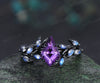 Kite cut amethyst engagement ring unqiue black gold moonstone cluster leaf twig bridal ring anniversary promise ring gifts for her