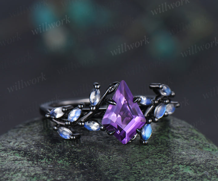 Kite cut amethyst engagement ring unqiue black gold moonstone cluster leaf twig bridal ring anniversary promise ring gifts for her