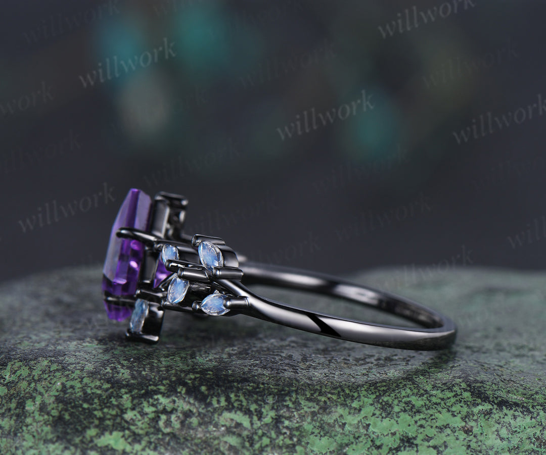 Kite cut amethyst engagement ring unqiue black gold moonstone cluster leaf twig bridal ring anniversary promise ring gifts for her