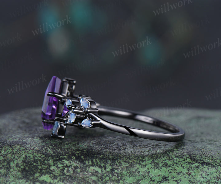 Kite cut amethyst engagement ring unqiue black gold moonstone cluster leaf twig bridal ring anniversary promise ring gifts for her