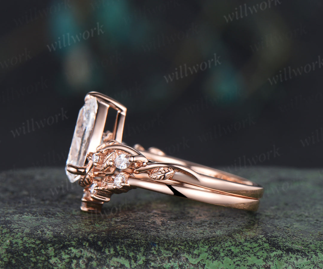 7x10mm pear cut lab grown diamond engagement ring set nature inspired leaves vines ring rose gold bridal set