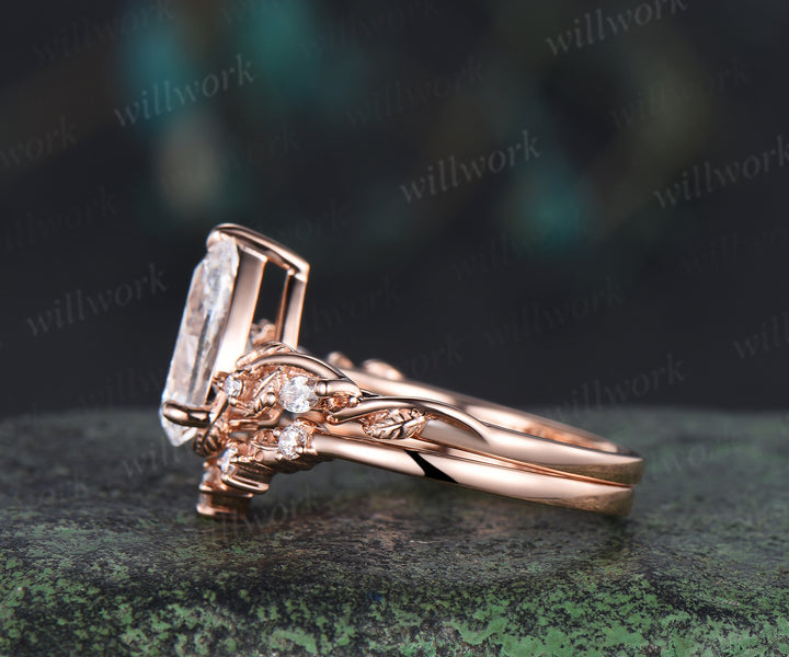 7x10mm pear cut lab grown diamond engagement ring set nature inspired leaves vines ring rose gold bridal set