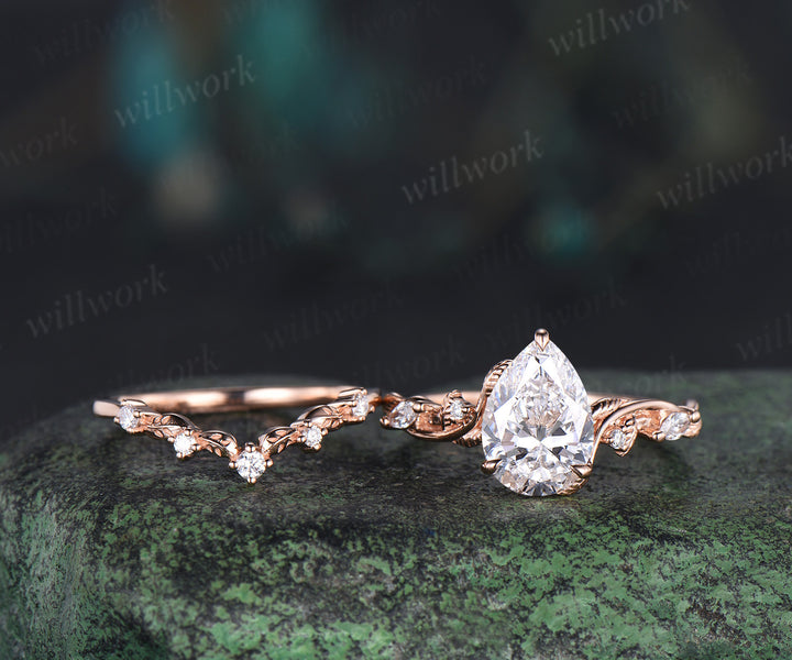 7x10mm pear cut lab grown diamond engagement ring set nature inspired leaves vines ring rose gold bridal set