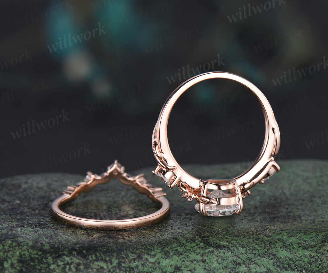 7x10mm pear cut lab grown diamond engagement ring set nature inspired leaves vines ring rose gold bridal set