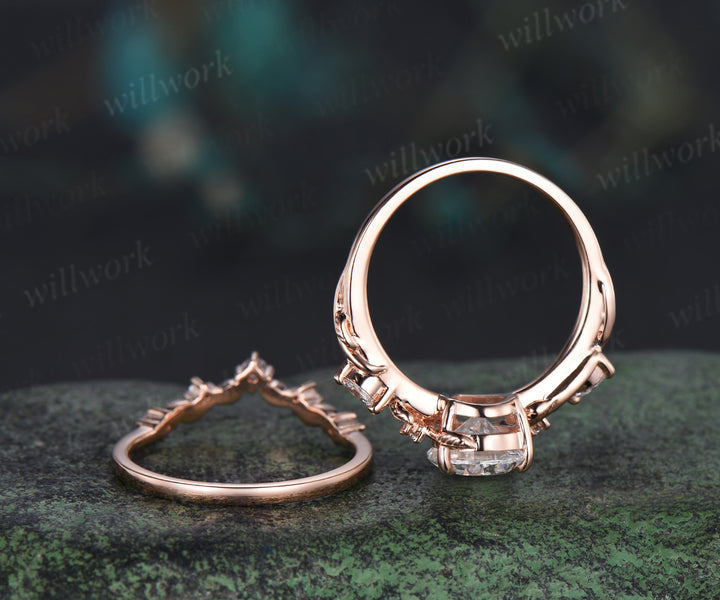 7x10mm pear cut lab grown diamond engagement ring set nature inspired leaves vines ring rose gold bridal set